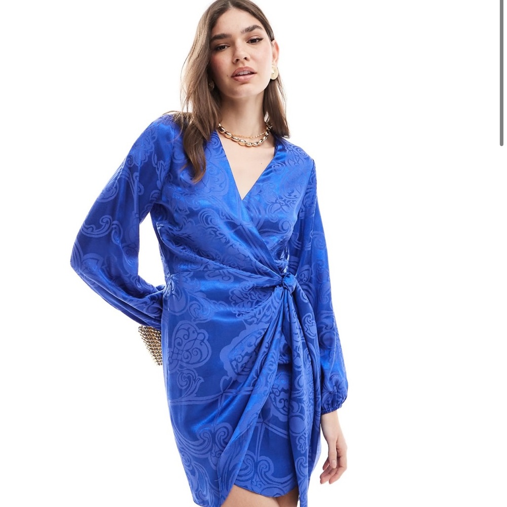 Never Fully Dressed Vienna satin jacquard wrap mini dress in cobalt